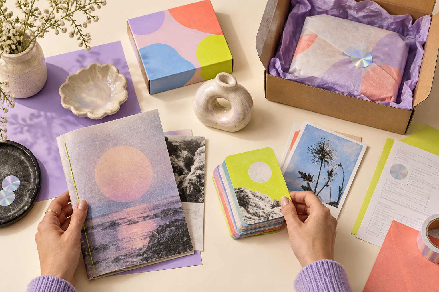 Illustrative product collection with a zine, cards, ceramics, and packaging